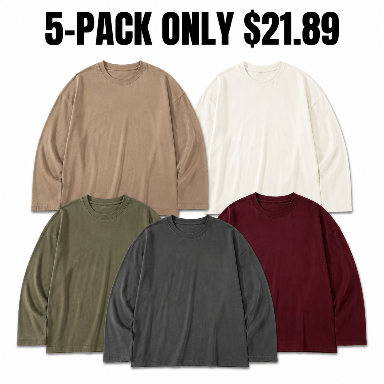 5-Pack Earth Tones oversized long-sleeve T-shirts, Only $21.89