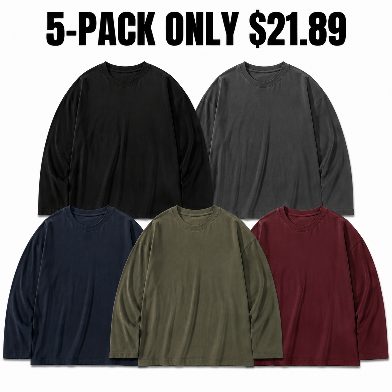 5-Pack Dark Rotation oversized long-sleeve T-shirts, Only $21.89