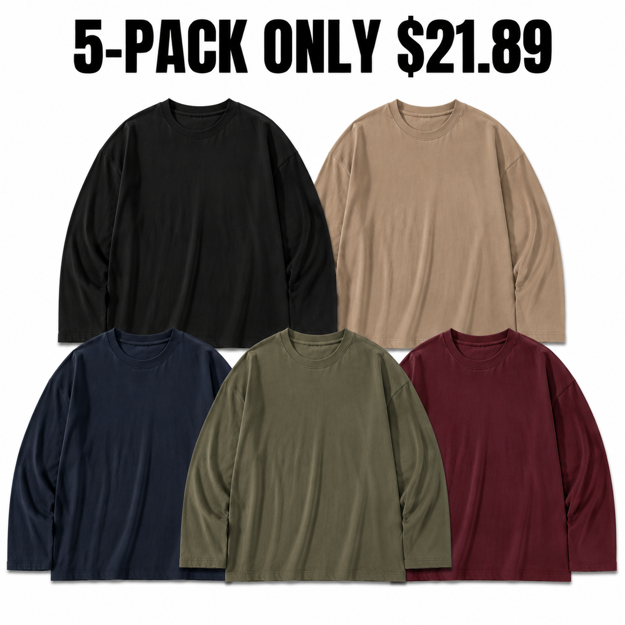 5-Pack Weekend Mix oversized long-sleeve T-shirts, Only $21.89