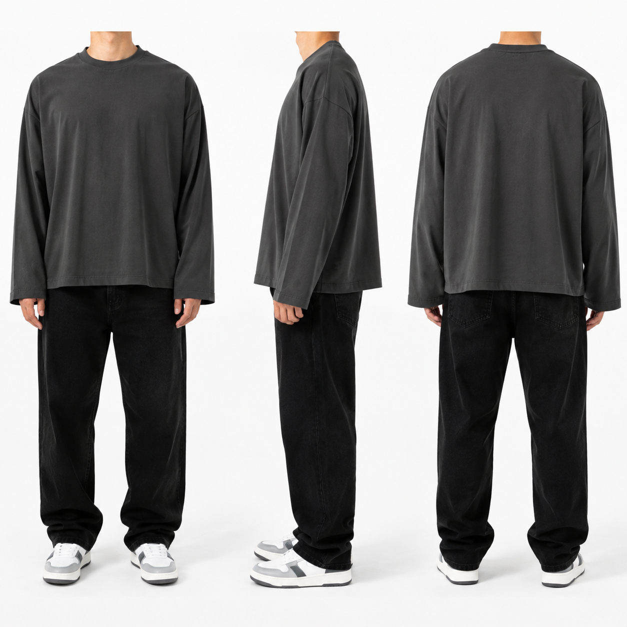 Charcoal oversized long-sleeve T-shirt faceless front side and back fit