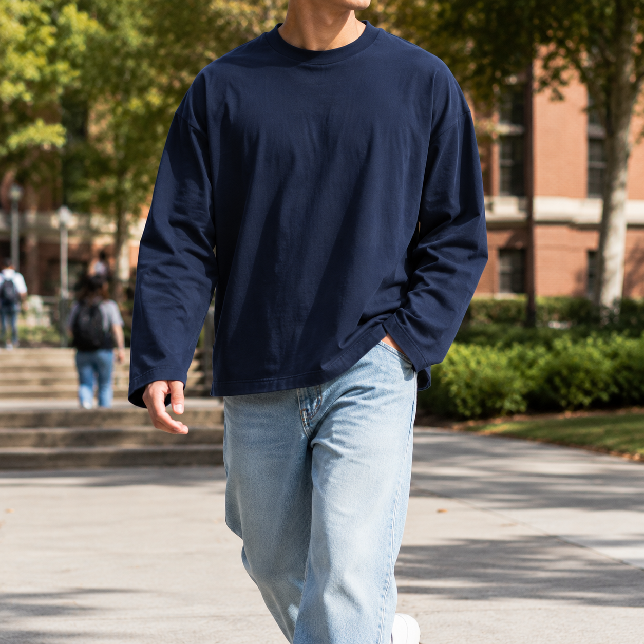 Navy oversized long-sleeve T-shirt campus walking try-on