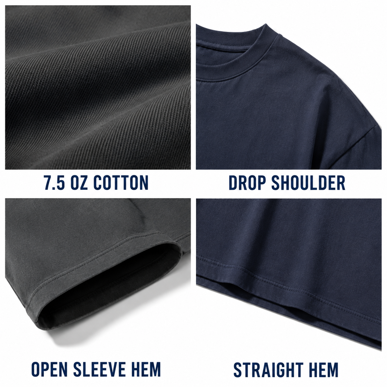 7.5 oz cotton drop shoulder open sleeve and straight hem details