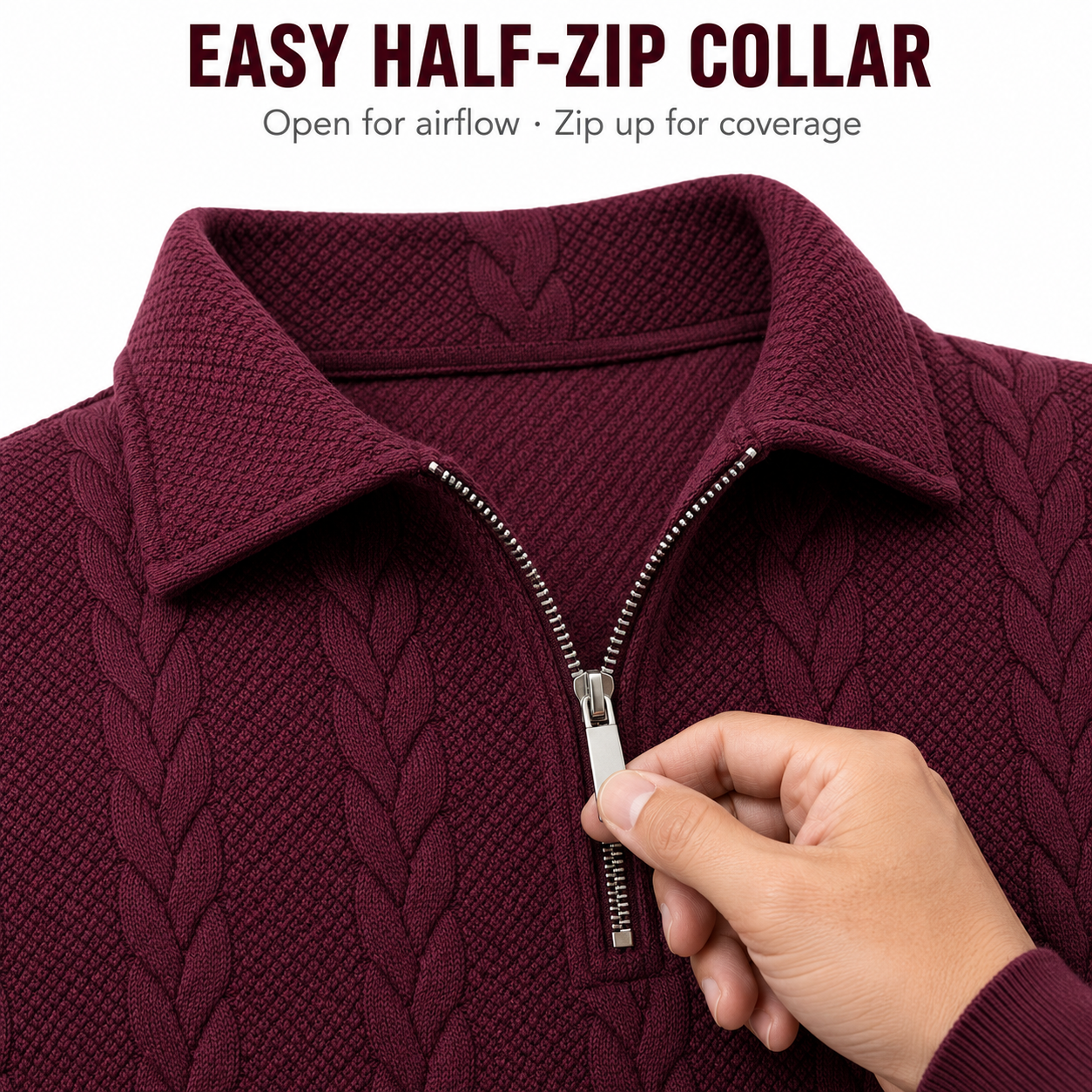 Silver half-zip collar construction detail