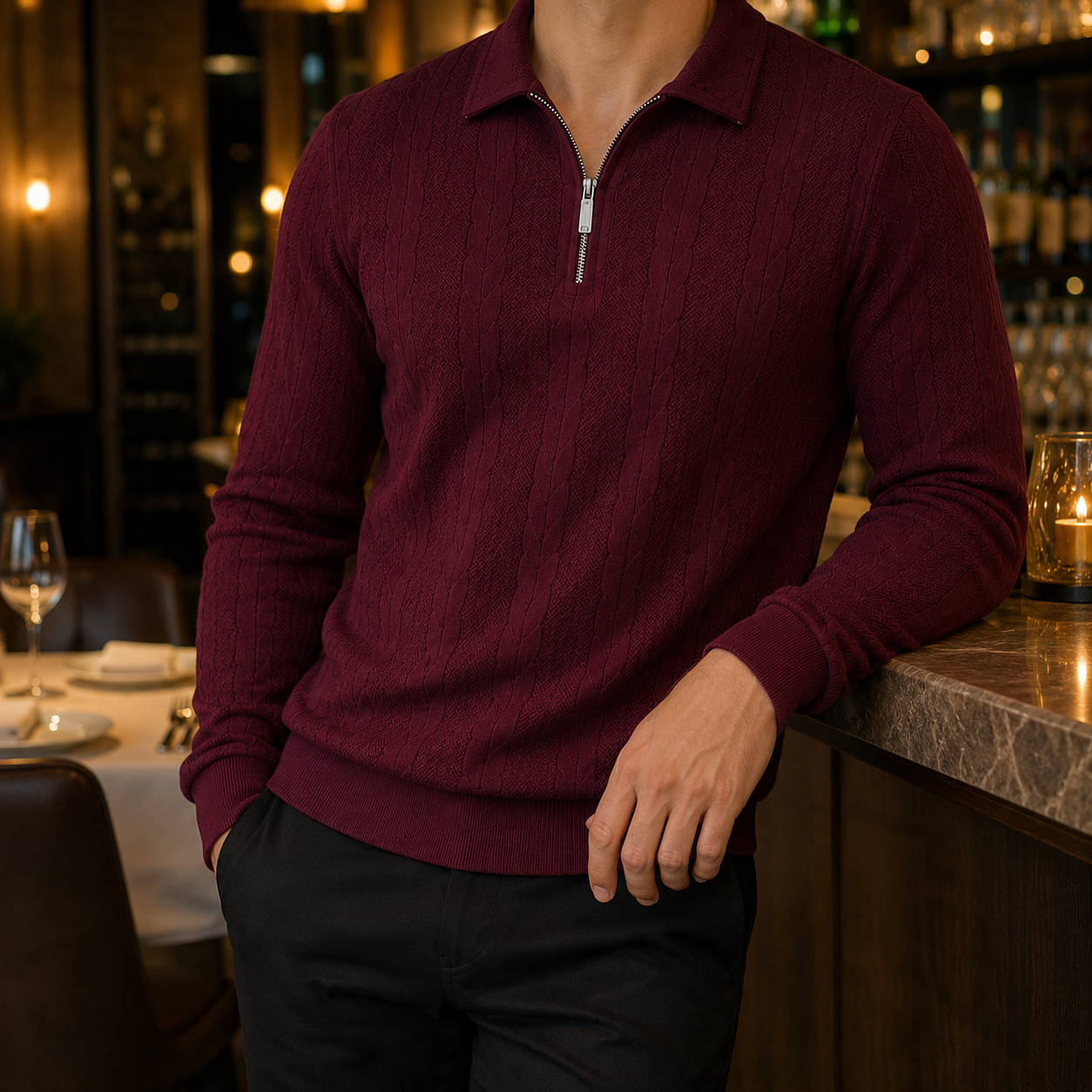 Burgundy cable-textured half-zip dinner try-on