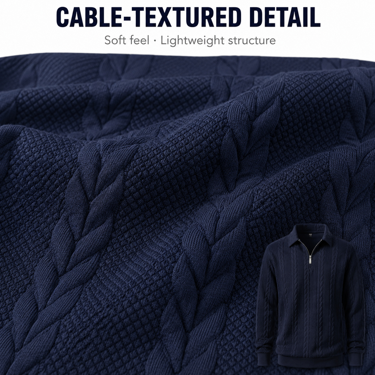 Cable and diamond textured knit fabric detail