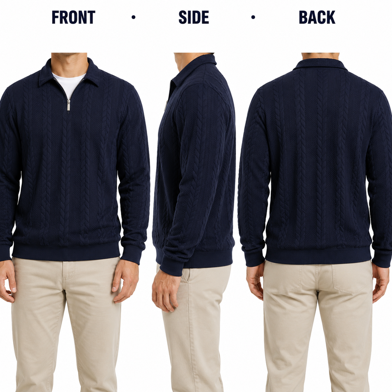 Navy cable-textured half-zip faceless front side and back fit views