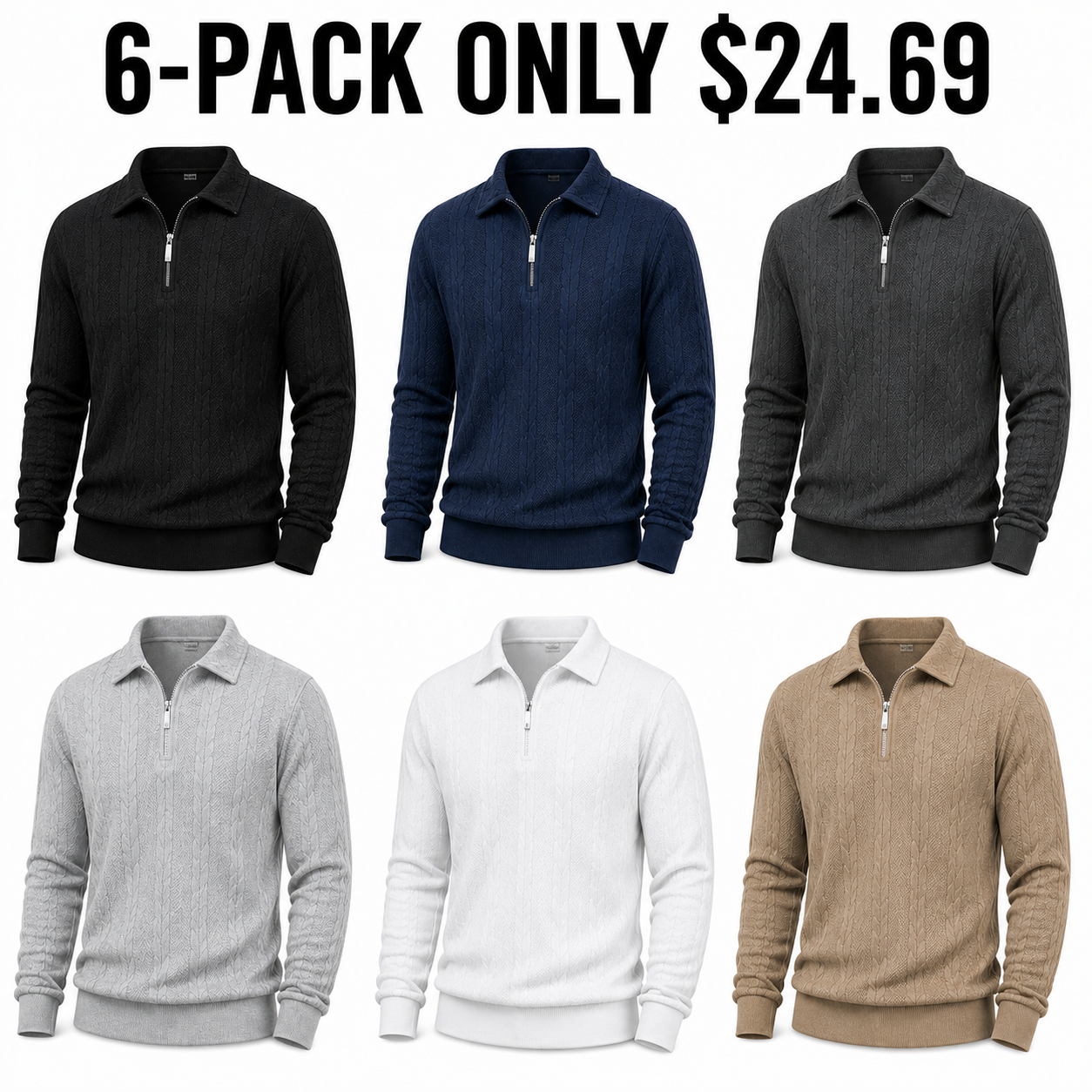 Men cable-textured half-zip 6-Pack Classic Neutrals, Only $24.69