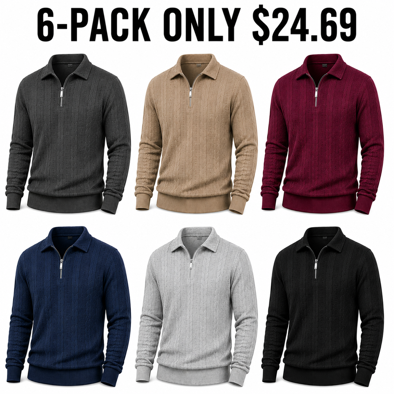 Men cable-textured half-zip 6-Pack Refined Mix, Only $24.69