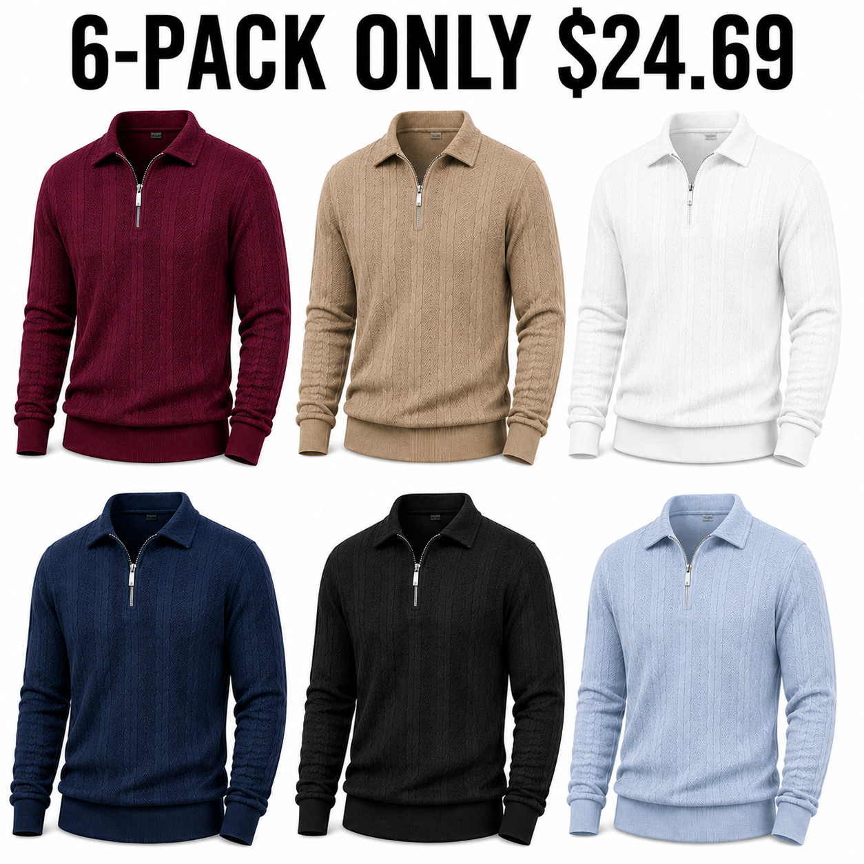 Men cable-textured half-zip 6-Pack Weekend Color, Only $24.69