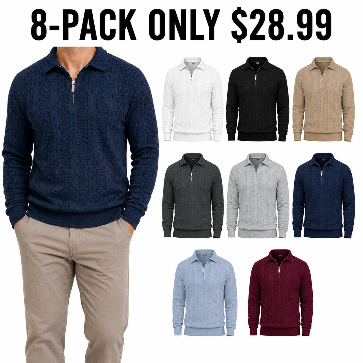 Men cable-textured half-zip 8-Pack All-Color Rotation, Only $28.99