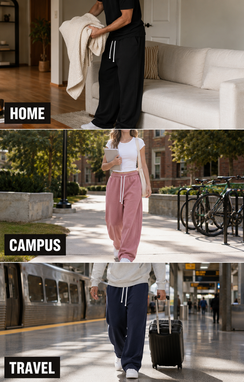 Wide-leg sweatpants home campus and travel scenes
