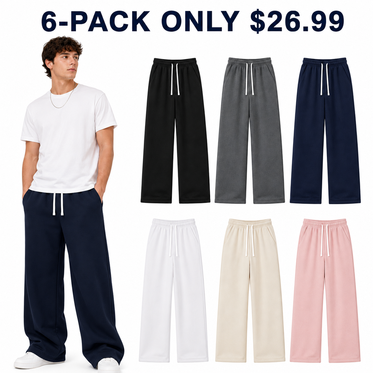 Unisex wide-leg sweatpants 6-Pack Soft Contrast, Only $26.99