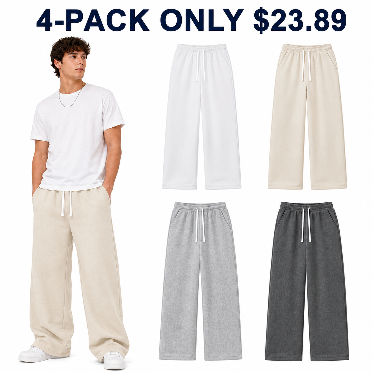 Unisex wide-leg sweatpants 4-Pack Light Neutrals, Only $23.89