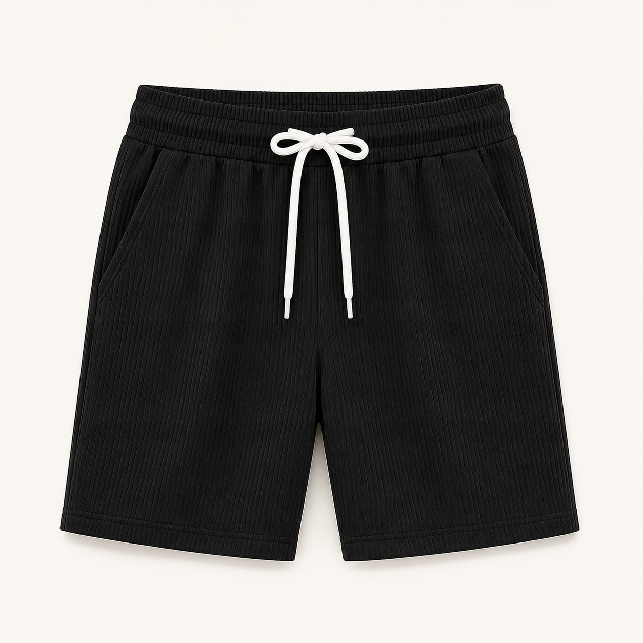 Black textured rib-knit men's drawstring shorts