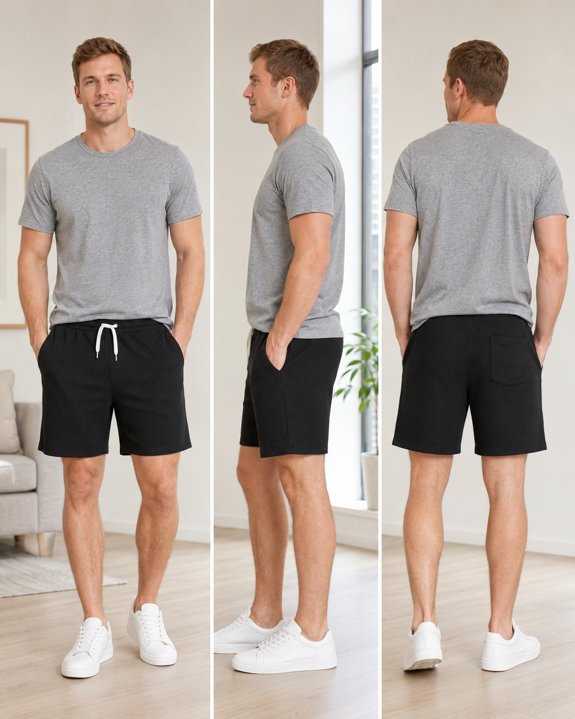 Men's Black textured drawstring shorts front, side and back fit views