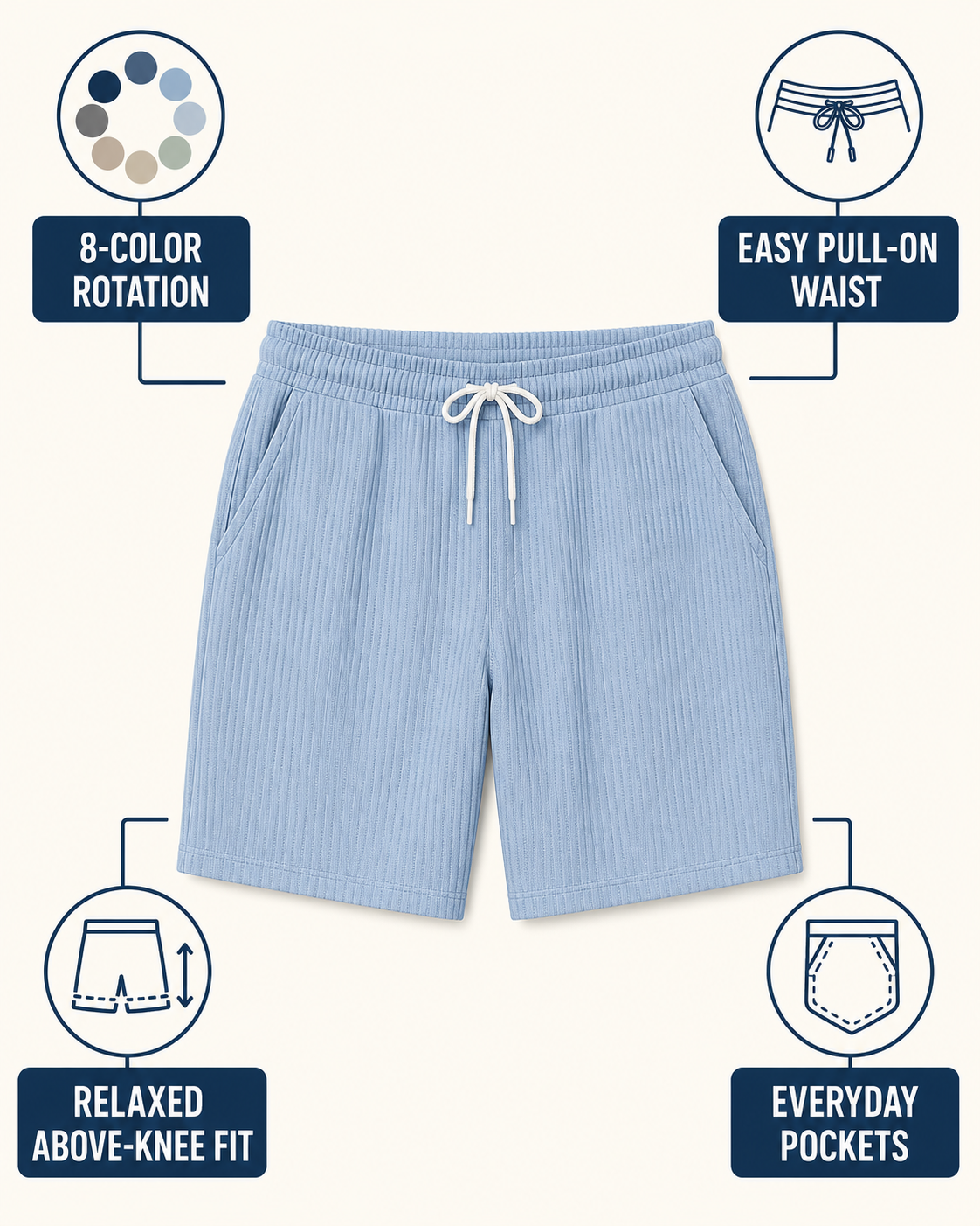 Eight-color rotation, relaxed above-knee fit, adjustable waist and everyday pockets