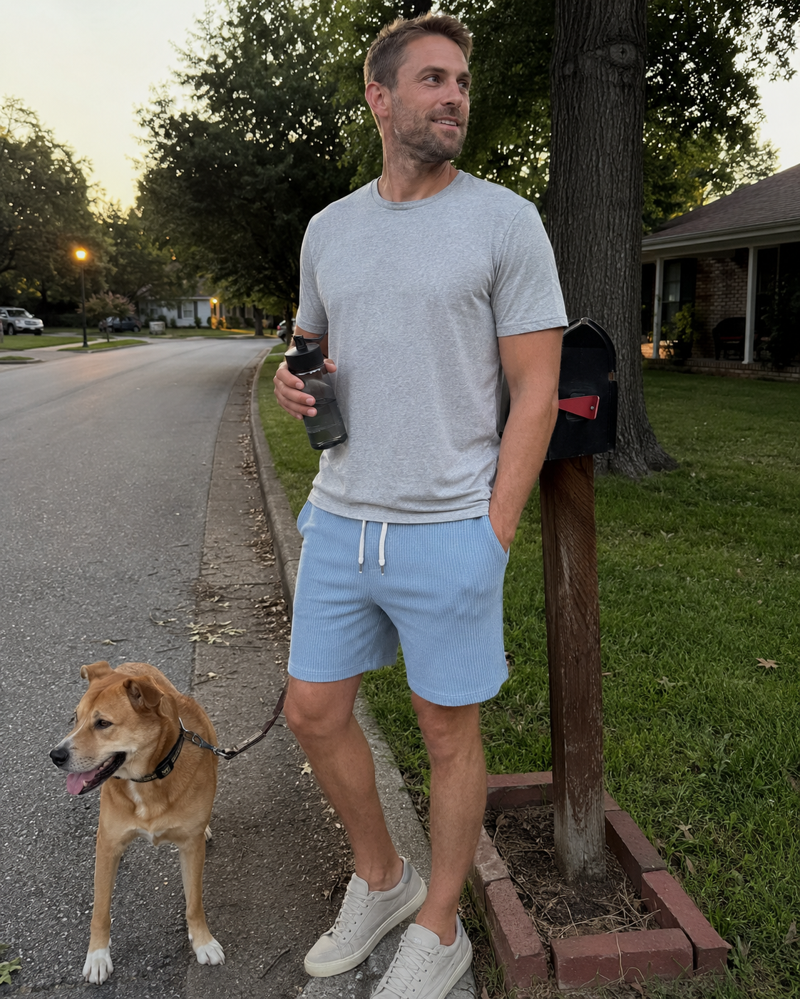 Light Blue men's textured drawstring shorts on an everyday dog walk