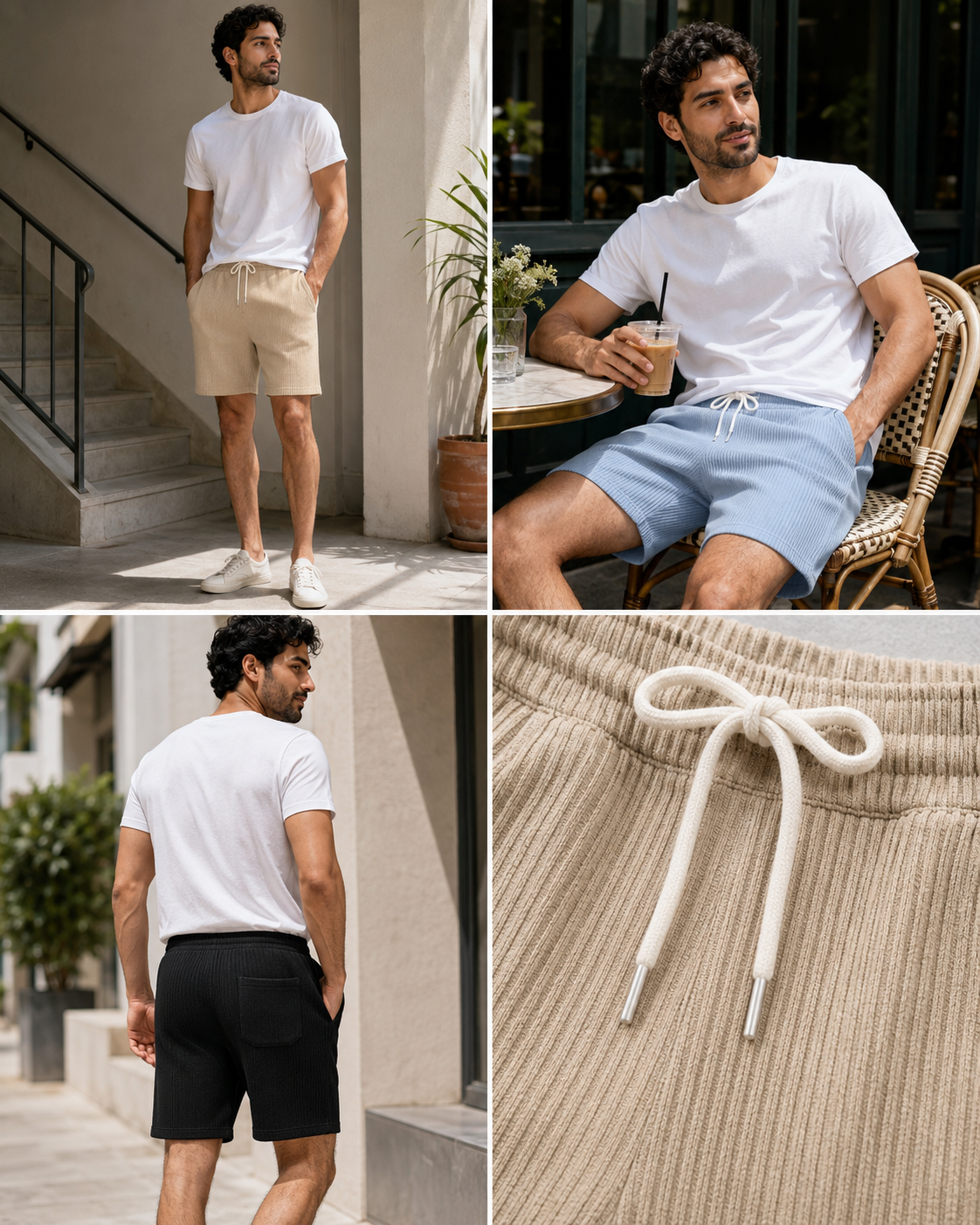 Men's textured drawstring shorts magazine-style color and lifestyle collage