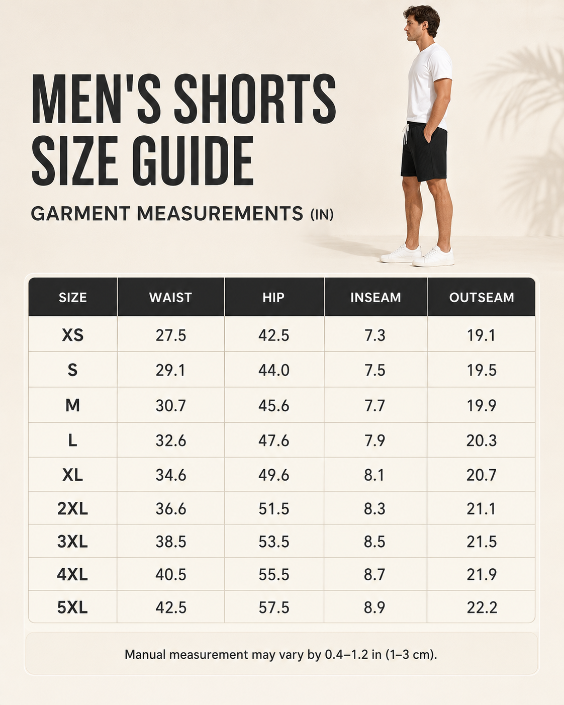 Men's textured drawstring shorts garment size guide XS through 5XL