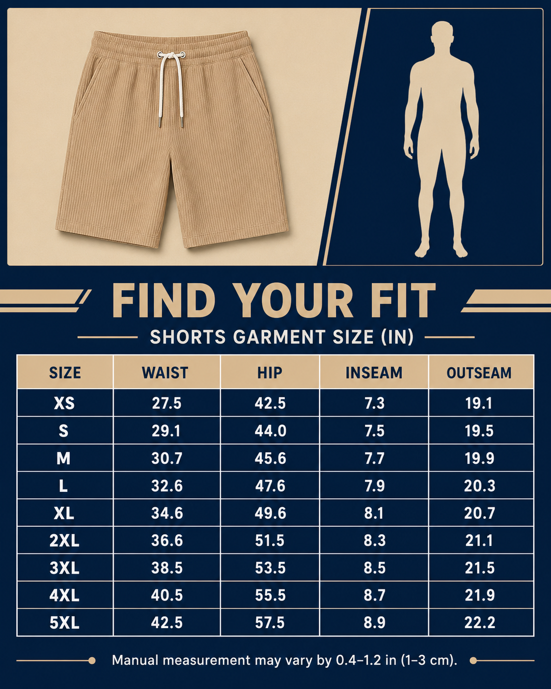 Men's textured drawstring shorts final garment size guide XS through 5XL
