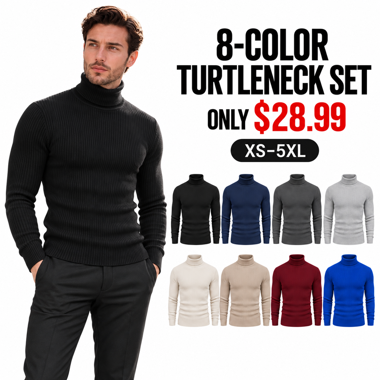 8-Pack All Colors slim-fit ribbed turtleneck sweaters