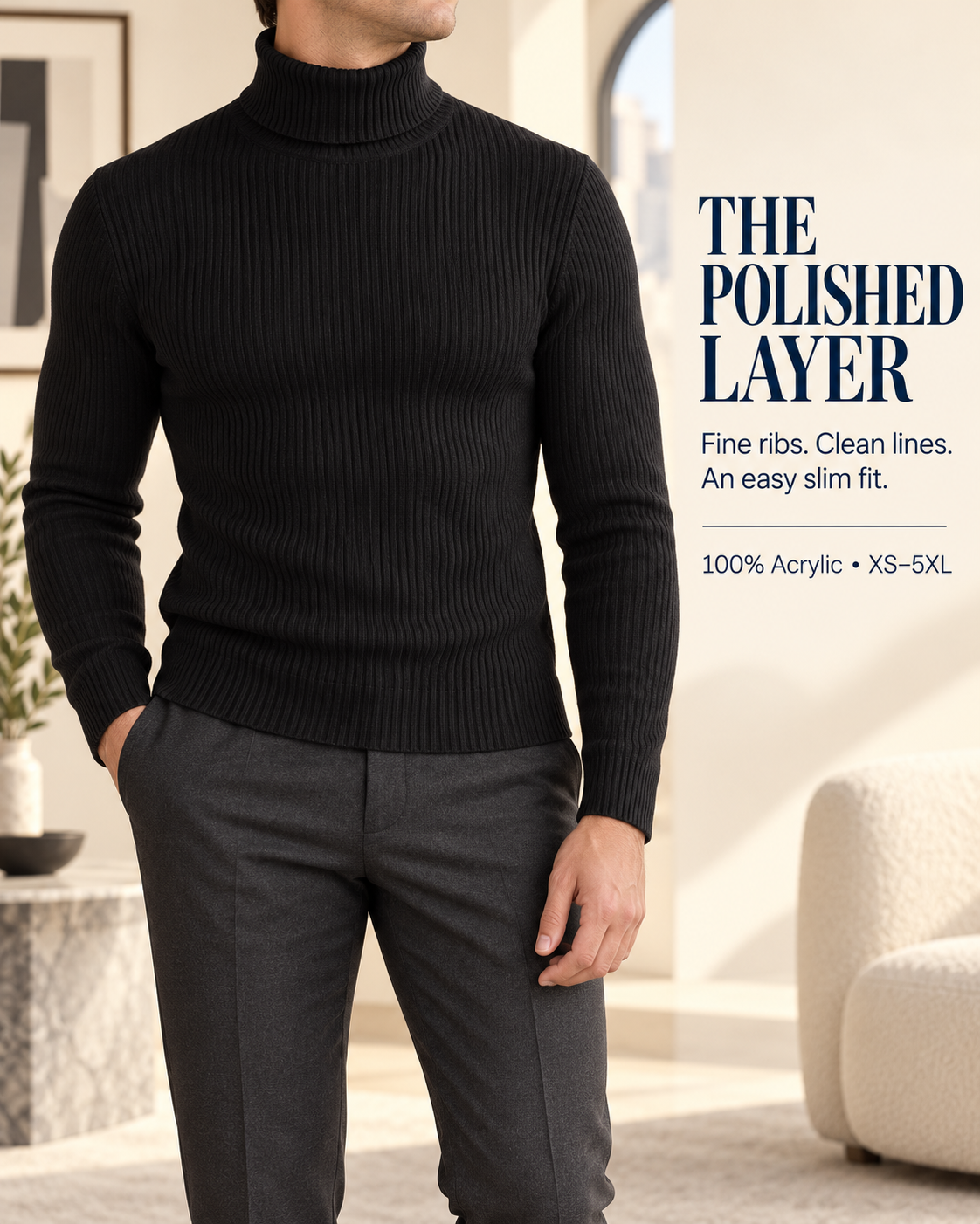 Polished slim-fit turtleneck sweater layering