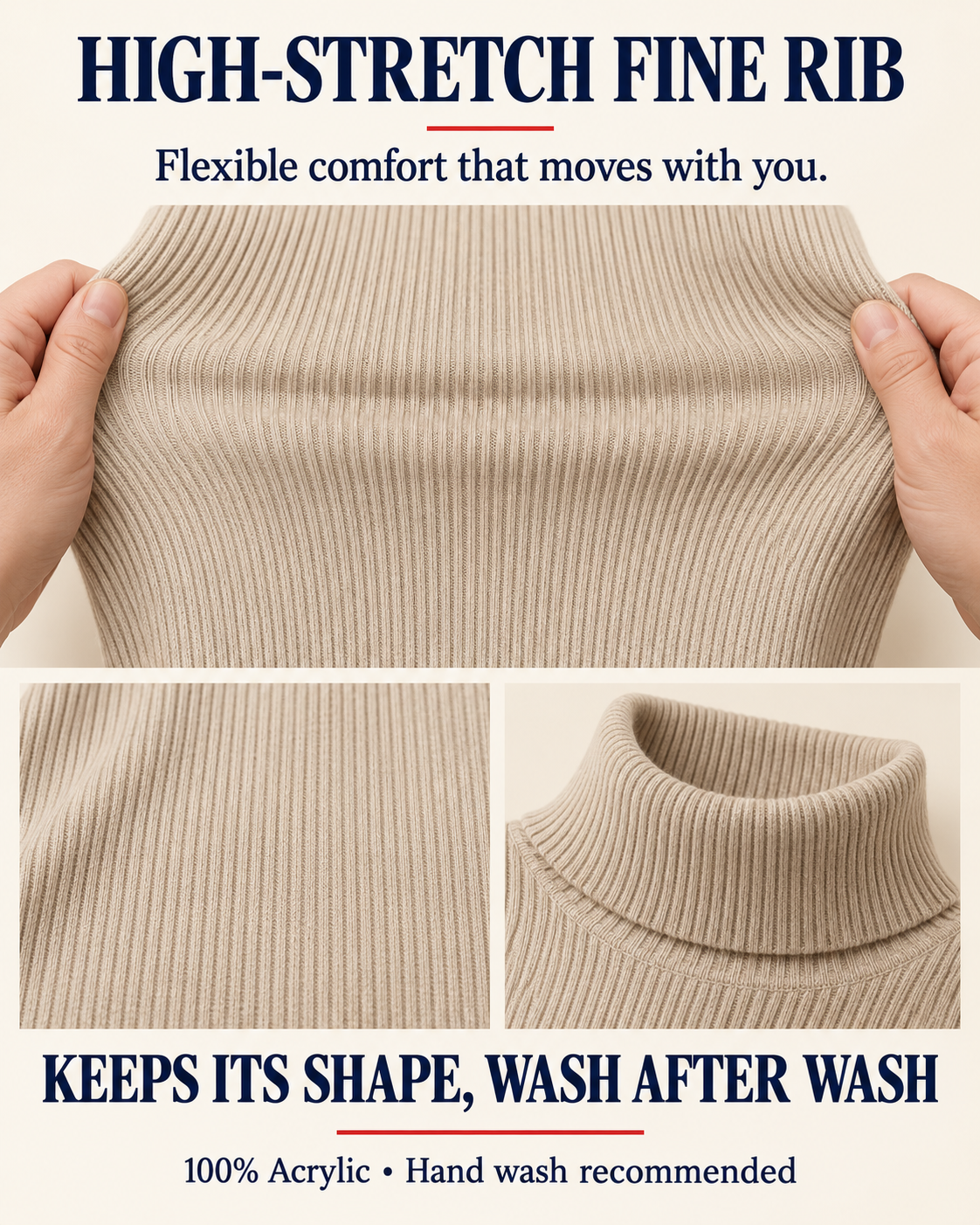 High-stretch rib knit and shape retention
