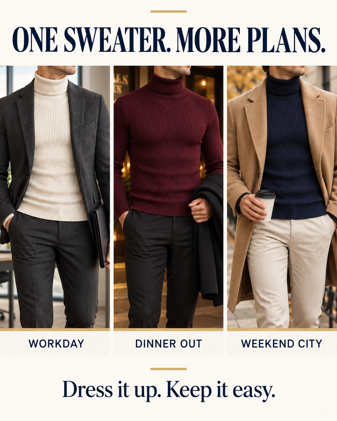 Turtleneck sweaters for office weekend and evening plans