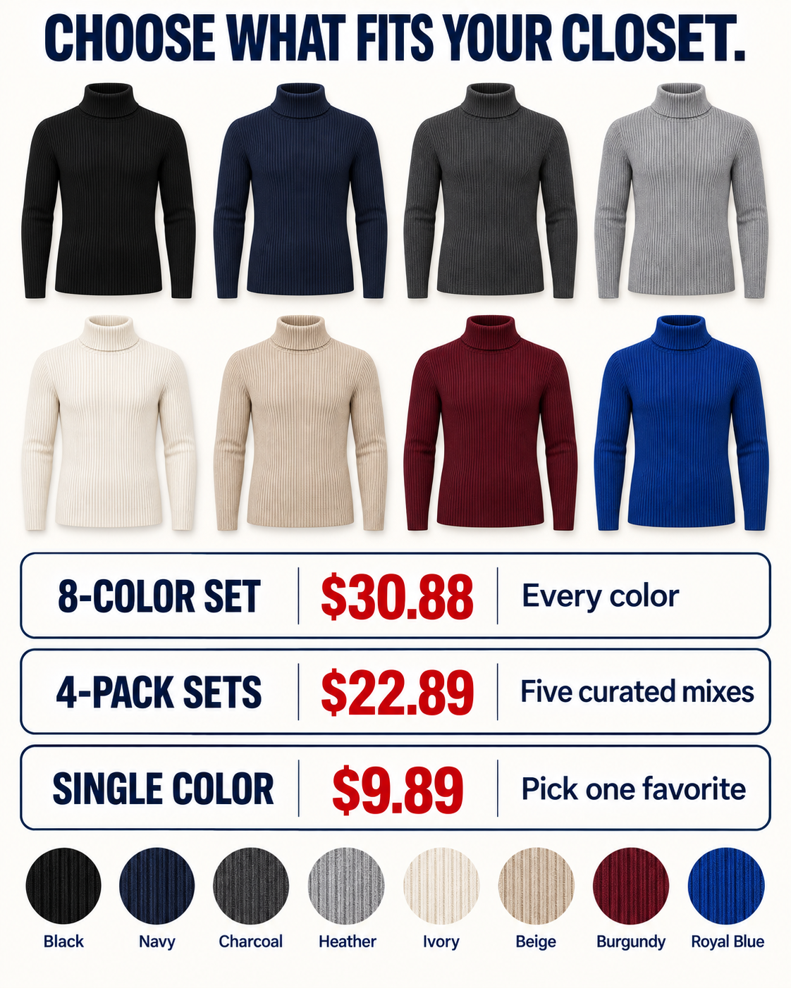 Single 4-Pack and 8-Pack turtleneck sweater choices