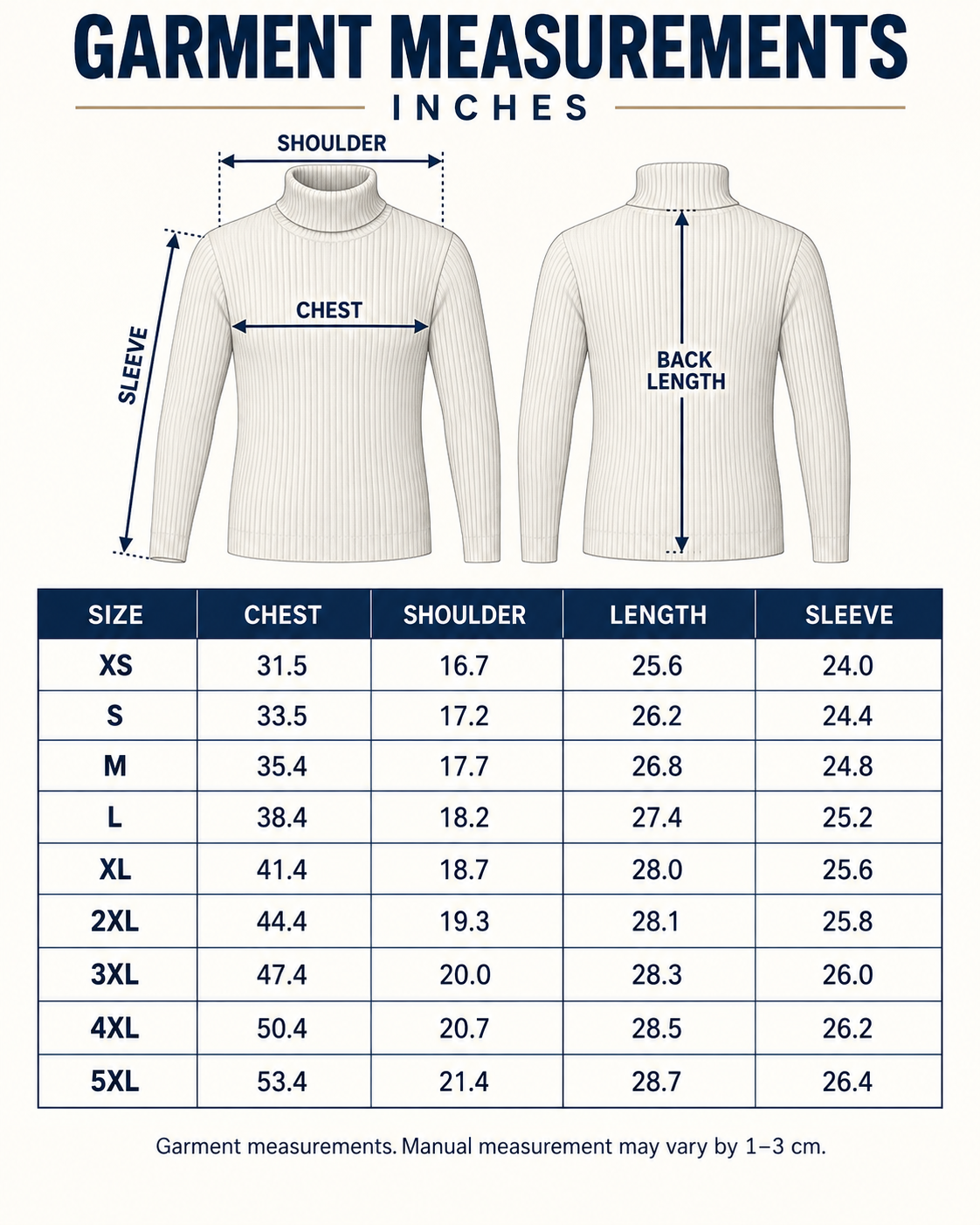 Turtleneck sweater size guide XS through 5XL