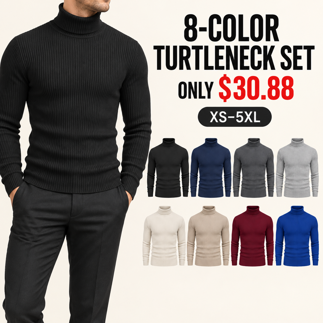 8-Pack All Colors slim-fit ribbed turtleneck sweaters