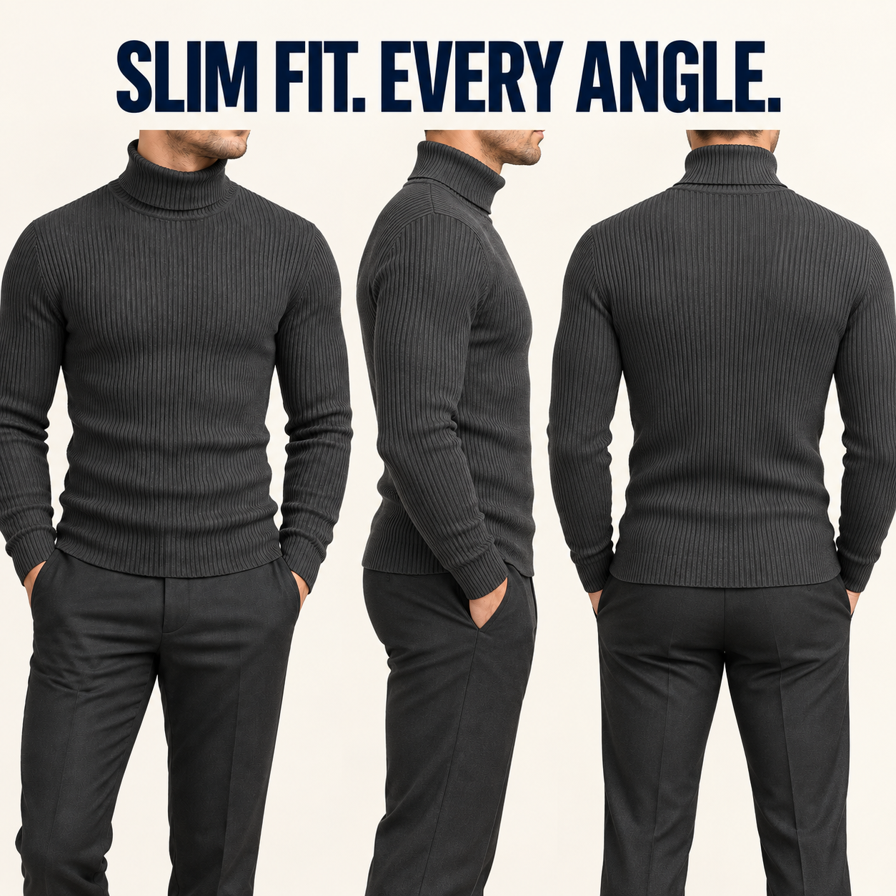 Charcoal Gray slim-fit turtleneck front side and back views