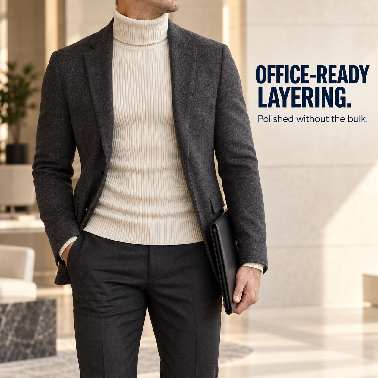 Ivory turtleneck sweater office layering