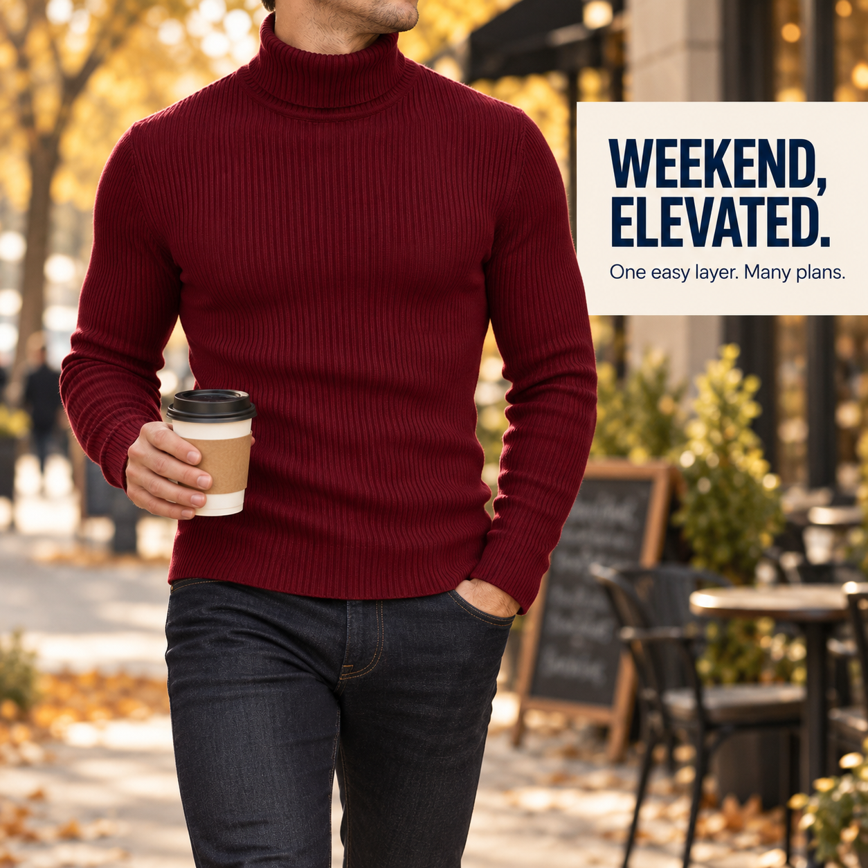 Burgundy turtleneck sweater weekend city wear