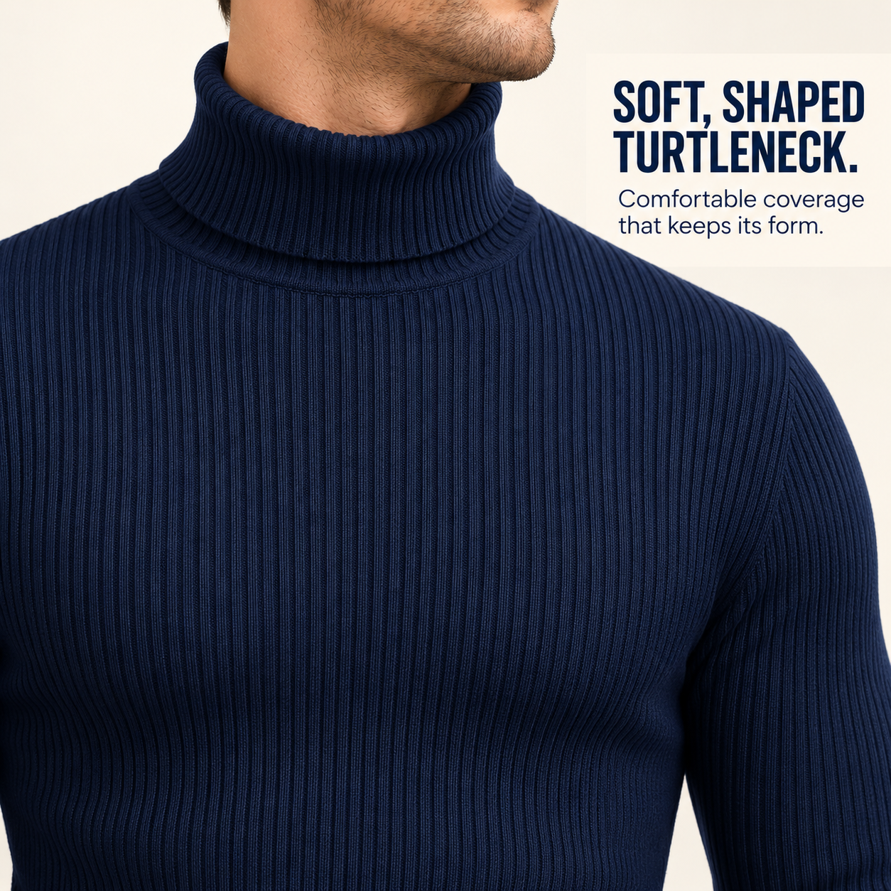 Navy fold-over turtleneck collar detail