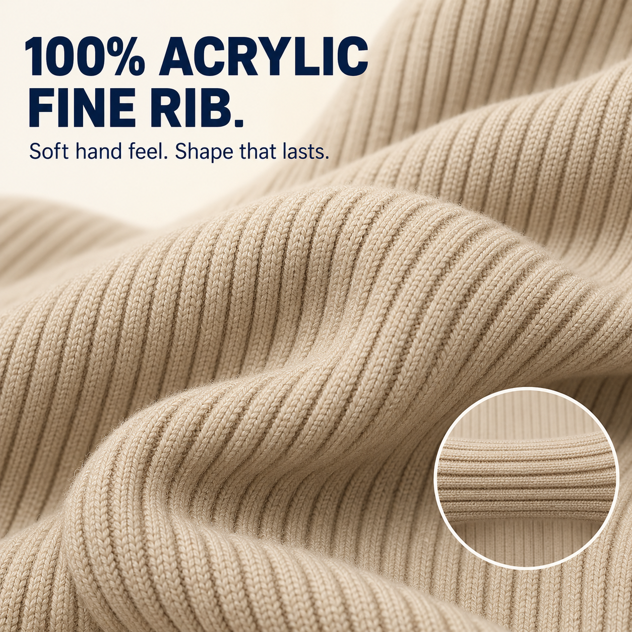 Beige 100% acrylic fine rib knit detail
