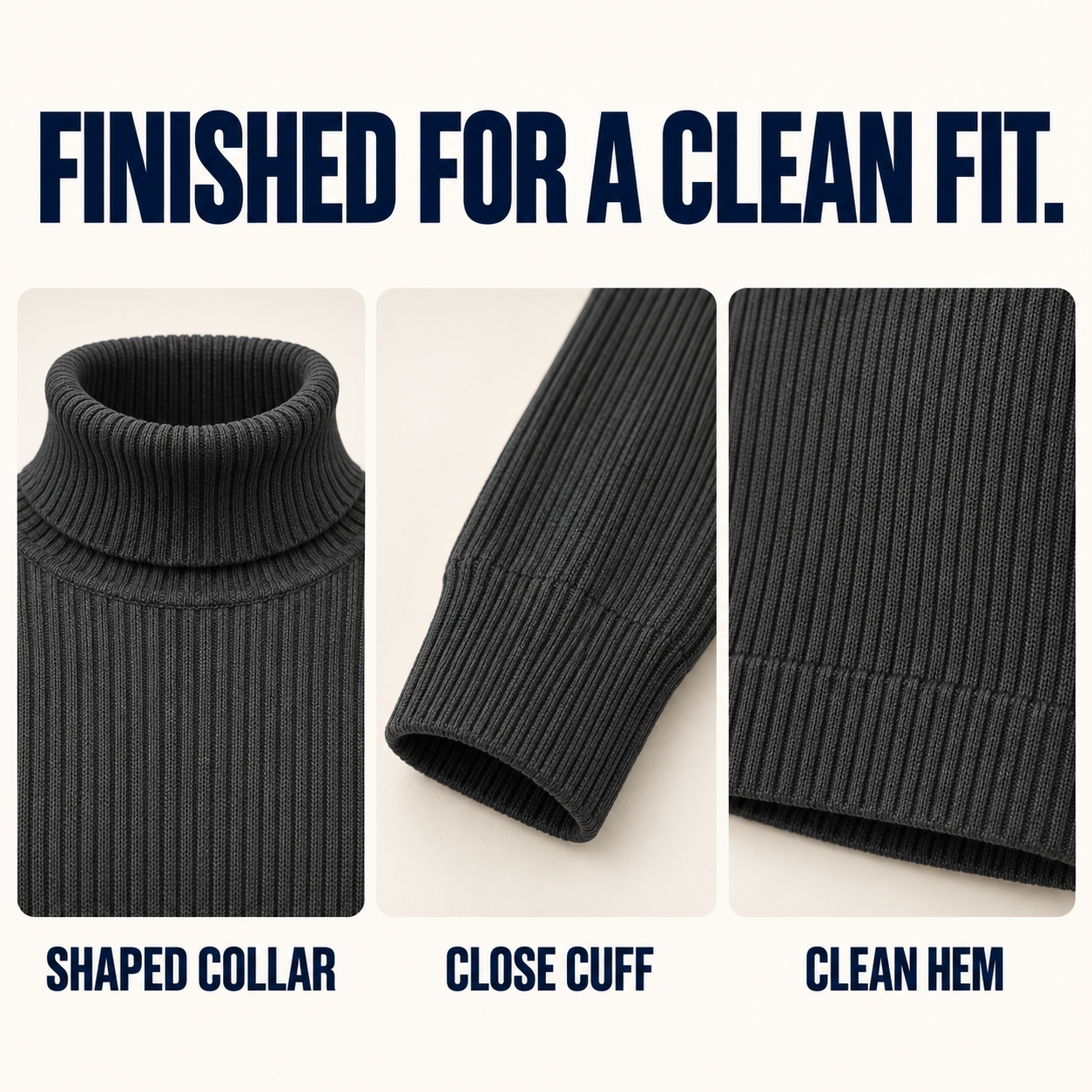 Turtleneck collar cuff and hem construction