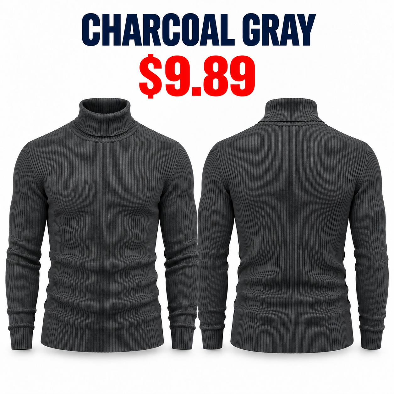 Single Charcoal Gray slim-fit ribbed turtleneck sweater