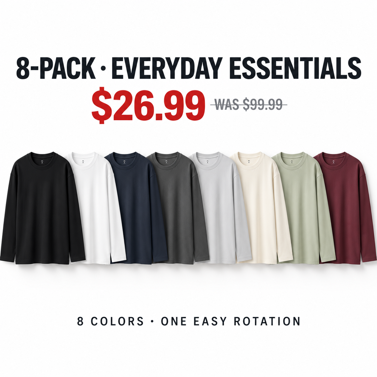 Everyday Essentials eight-pack of unisex cotton long sleeve T-shirts, $26.99