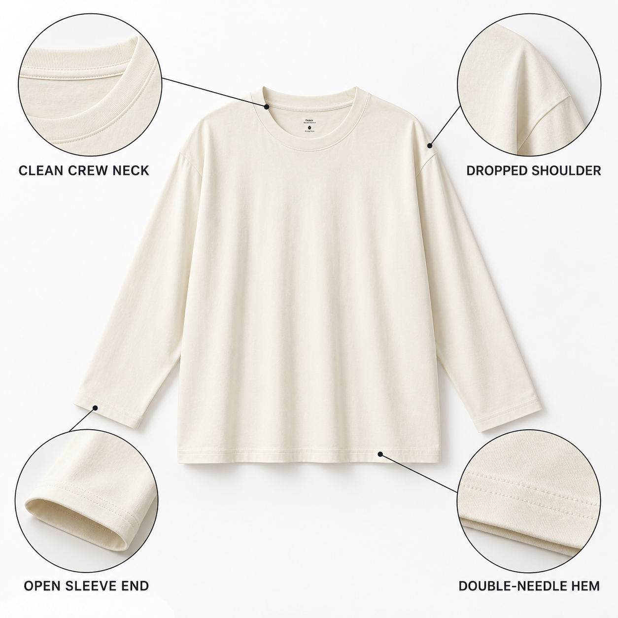 Cream cotton long sleeve T-shirt construction details