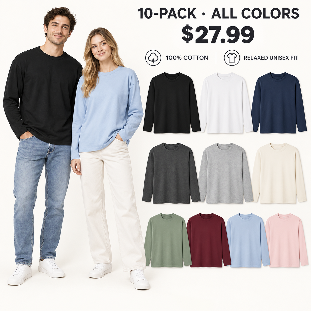 Ten-color unisex cotton long sleeve T-shirt collection with male and female studio models, 10-Pack, $27.99