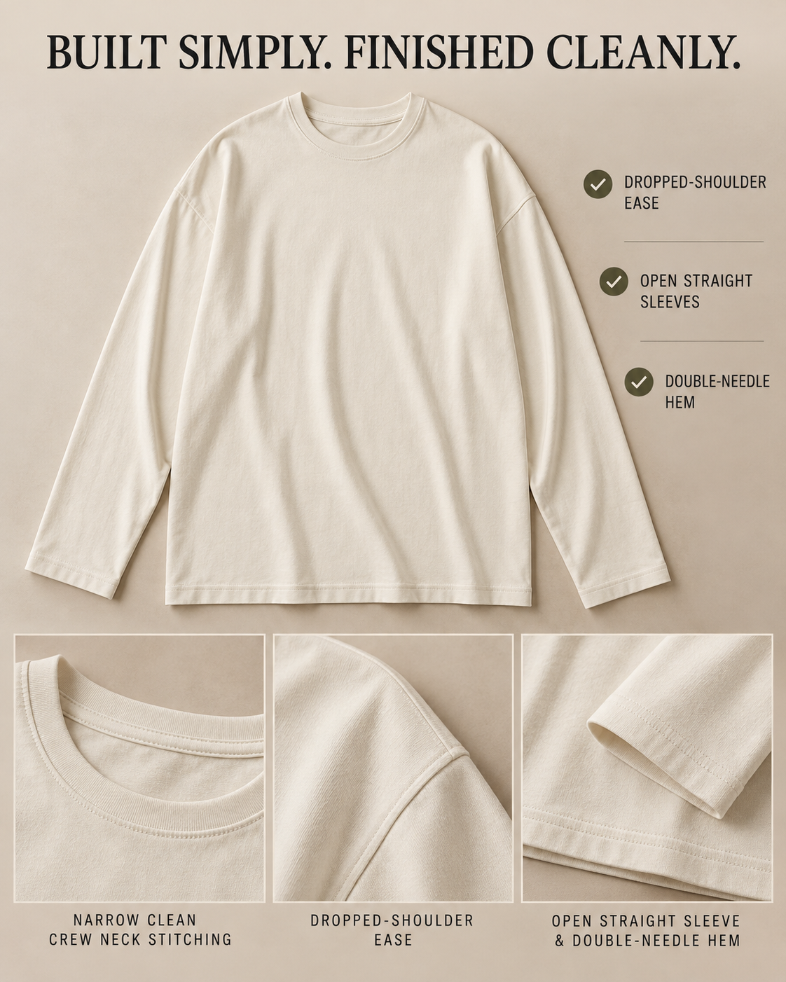 Cotton fabric, crew neck, dropped shoulder, sleeve and hem construction details