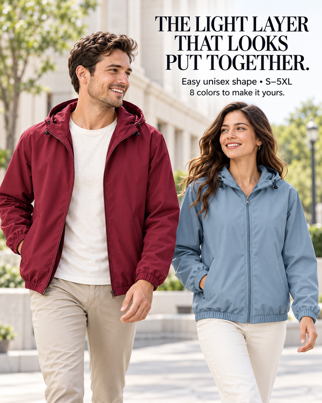 Unisex lightweight hooded windbreakers in Burgundy and Dusty Blue