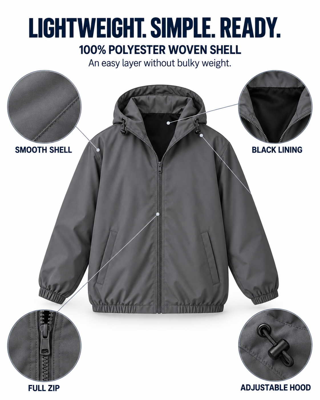 Polyester woven shell lining zipper and hood construction
