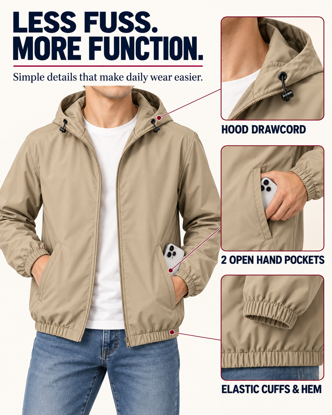 Open hand pockets hood drawcord and elastic finish