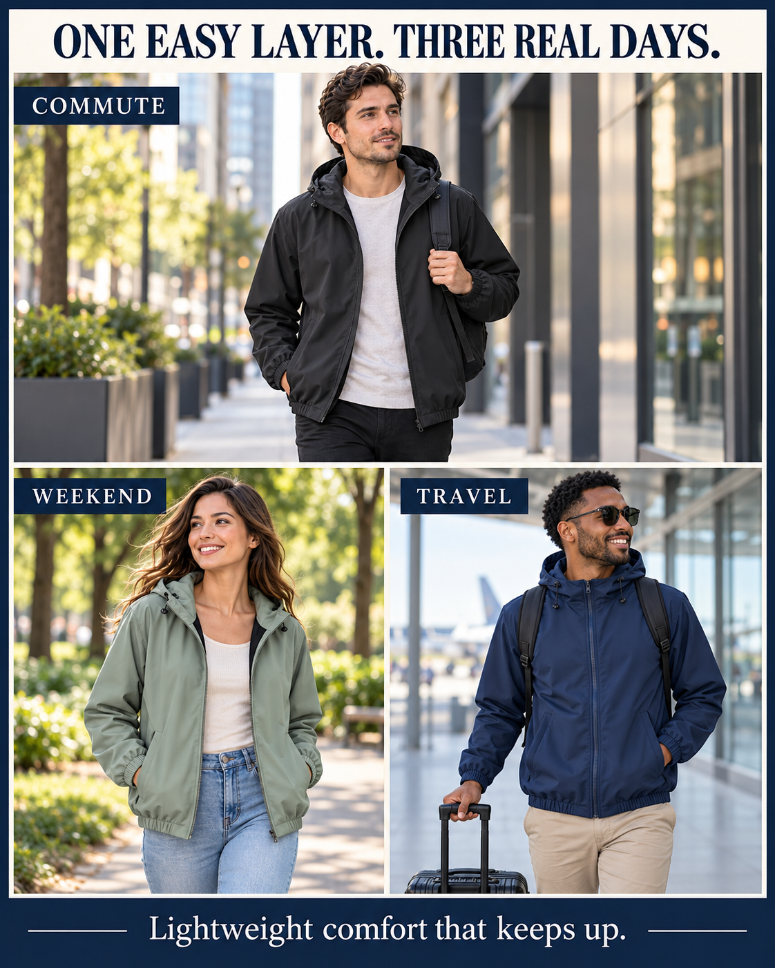 Lightweight windbreaker for commute weekend and travel