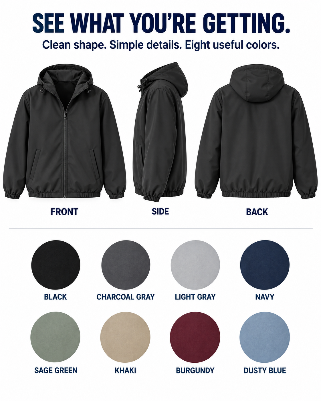 Windbreaker front side back views and eight colors