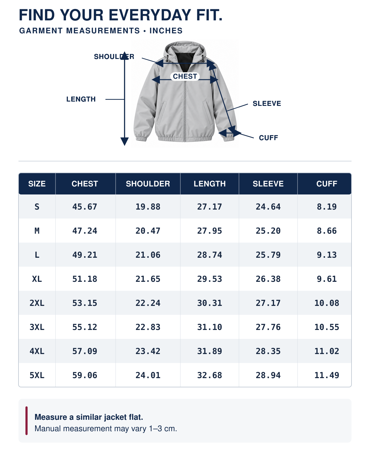 Unisex lightweight windbreaker garment measurements S through 5XL