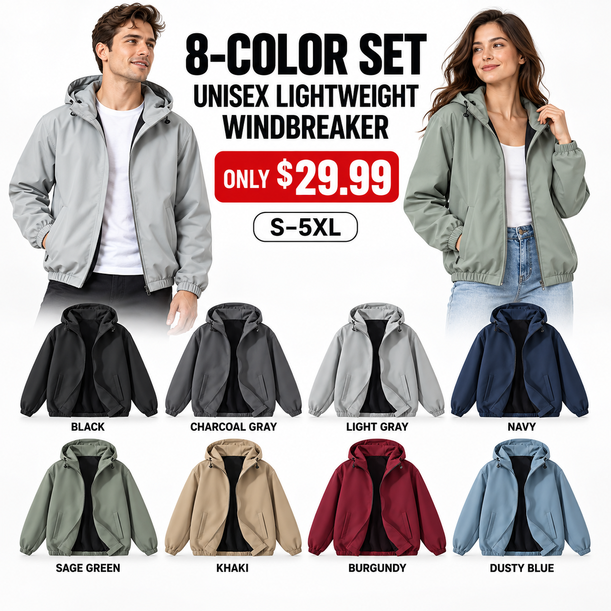 8-Pack All Colors unisex lightweight hooded windbreakers