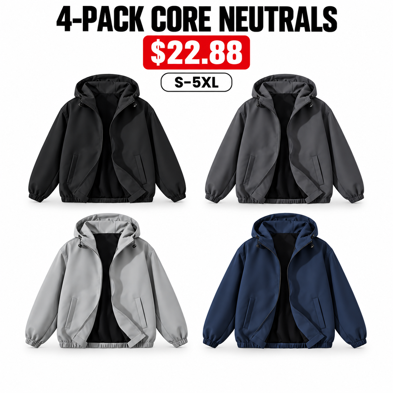 4-Pack Core Neutrals unisex lightweight hooded windbreakers